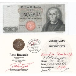 5000 LIRE COLOMBO I TIPO 3 SETTEMBRE 1964  qSPL